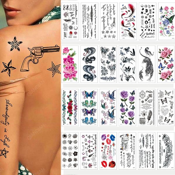 100pcs en gros des autocollants de tatouage temporaire 3D Butterfly Flower Ripple Letter Feather Lace Corps de poitrine Tatoo Women Man Man Totem 240311