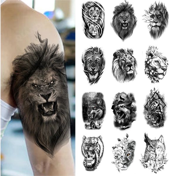 100 pièces en gros imperméable temporaire tatouage autocollant Lion ours loup forêt homme léopard crâne corps bras Art femmes manches 240311