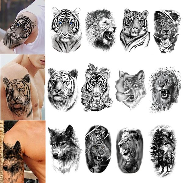 100pcs en gros en gros étagère temporaire étalant Tiger Lion Wolf Forest Man Big Sexy Flower Femmes Body Art Art Faux Tattoos 240311