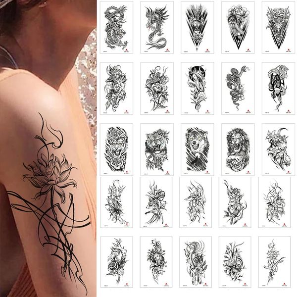 100pcs en gros imperméable temporaire tatouage autocollant papillon serpent fleur loup renard femme corps bras henné faux homme totem 240311