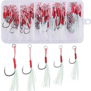 100Pcsbox Cast Jig Assist Hook Slow Jigging leurre Bass Crochets de pêche barbelé attachant hameçon avec plume crochet de pêche en mer 240312