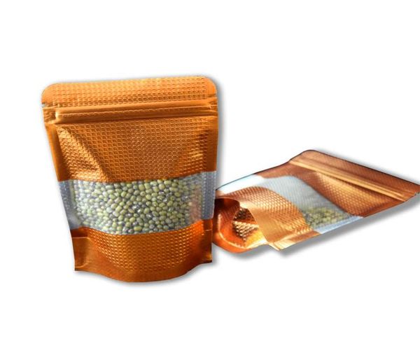 100 Unids / lote 913 cm Oro Stand Up Doypack Papel de aluminio ZipLock Paquete de alimentos Bolsas Heat Sear Open Top En relieve con ventana que se puede volver a cerrar 5065337