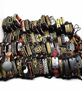 100pcslot Top Mix Styles Metal Leather Cuff Punk Jezus Cross Biker handgemaakte armbanden Men039S Women039S sieraden hele L9924681