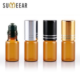 100 stuks / partij 3 ml Amber glas parfumflessen navulbare parfumfles met rol op lege etherische oliën