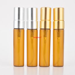 100 stuks / partij 5 ml Draagbare Amber Glas Parfum Flessen Atomizer Contenitori Cosmetische Vuoti met aluminium Pumpshipping