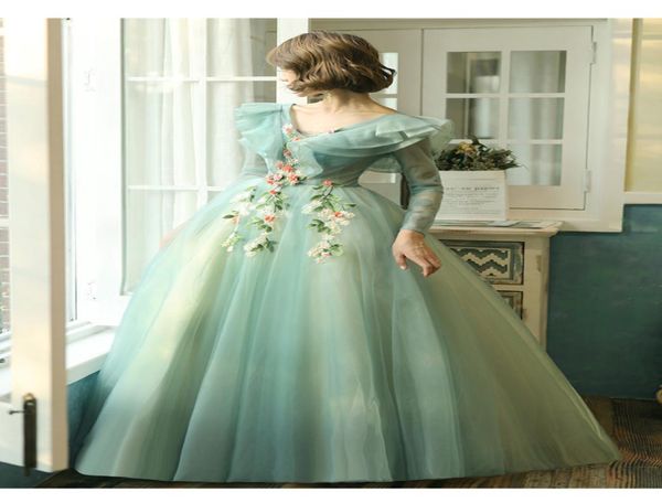 100 real manga larga flor verde claro vestido renacentista medieval vestido de princesa Sissi vestido medieval victoriano Marie Belle Ball 9854173