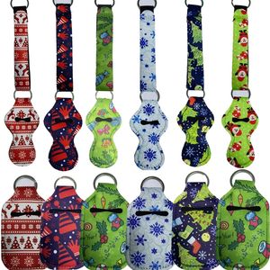 100Sear / lot style de Noël Néoprène Keychain à lèvres Rouge à lèvres Désinfections de couverture de la main 30ml Couvercle de bouteille Ensemble de cadeaux pour invités et enfants