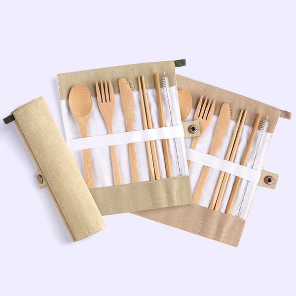 100 set / lot Juego de cubiertos de madera japoneses Cubiertos de bambú Juego de cubiertos de paja con bolsa de tela Utensilios de cocina al por mayor