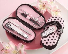 100 sets slipper stijl roze polka dot portemonnee manicure set douche gunsten flip flop nagel scissor care pedicure set, gratis schip