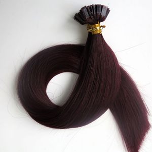 100 brins = 1 ensemble 100 g d'extensions de cheveux à pointe plate pré-collées 18 20 22 24 pouces # 99J/vin rouge brésilien indien kératine cheveux humains