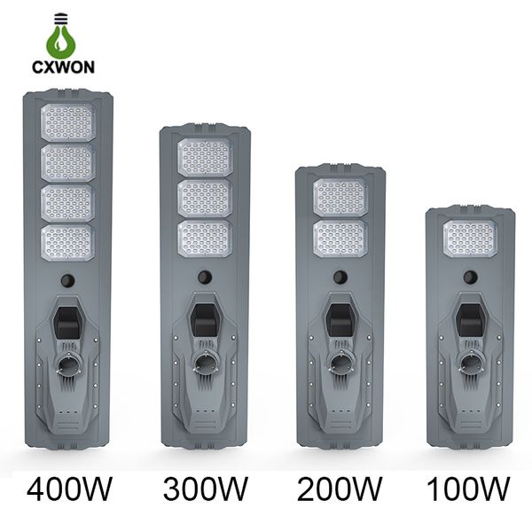 100W 200W 300W 400W Réverbère solaire LED Parking Lot Lumières Capteur radar de charge solaire MPPT avec télécommande 12000LM étanche IP65 Éclairage d'inondation de zone commerciale