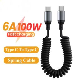 100W 6A kabel snel oplaadveer trek telescopisch koord type C tot type C voor Samsung Xiaomi Oppo Huawei USB C Car Charger Cable