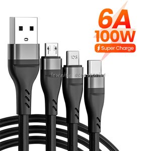 100W 6A USB Type C -kabel Super snellaadkabel voor iPhone Samsung Xiaomi Mobiele telefoon 3 in 1 USB Charger Data Cable 1,2m