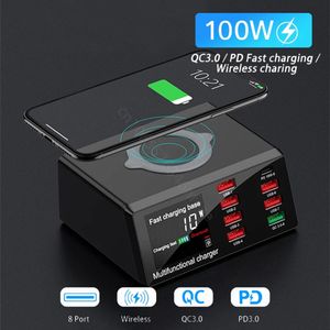 100W 8 poorten USB Chargers Quick Charge 3.0 Adapter Hub Wireless Charger Charging Station PD Fast Charger voor iPhone 14 Pro Max Samsung Xiaomi X9