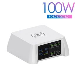 100W Multi USB C Snelle draadloze oplader QC3.0 9V / 2A 5V / 3A 5 Poorten USB LCD Smart Digital Display Snel Charge Station