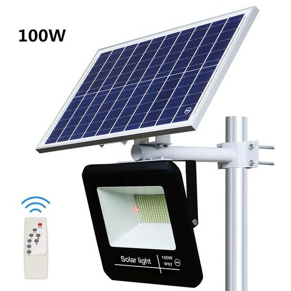 Lámpara de seguridad de calle solar LED para exteriores de 100W Luces de inundación IP67 Blanco 6500K 208 LED Encendido / apagado automático con control remoto y multifuncional