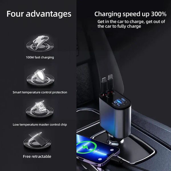 100W Super Fast Charging Car Cigarette Lighter 4 en 1 Câble adaptateur de chargeur de voiture rétractable Câble USB Type C pour iPhone