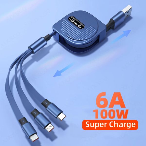 Cable de cargador USB de 100W 3 en 1 Cable retráctil Portable USB Tipo C Cable de carga de cable 6a para Huawei iPhone 14 Samsung Fast Charger Cable