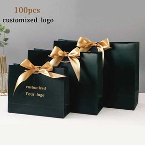 100x sac en papier coffrets cadeaux emballage de marchandises sac à main personnaliser avec cadre, sacs de promotion d'achats cadeaux de mariage emballage 210724