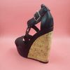 Black Sandals PU Leather T Straps Wedge Sandals Shoes Women Thick