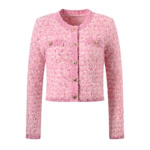 3002 2024 Lente Zomer Milan Runway Jas Jassen Lange Mouw Ronde Hals Roze Tweed Hoge Kwaliteit Knop Mode Dameskleding Yl