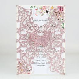 Carte d'invitation de mariage papillon, 102050 pièces, cartes de vœux découpées au Laser en papier pailleté pour fête d'anniversaire et de fiançailles, 240118