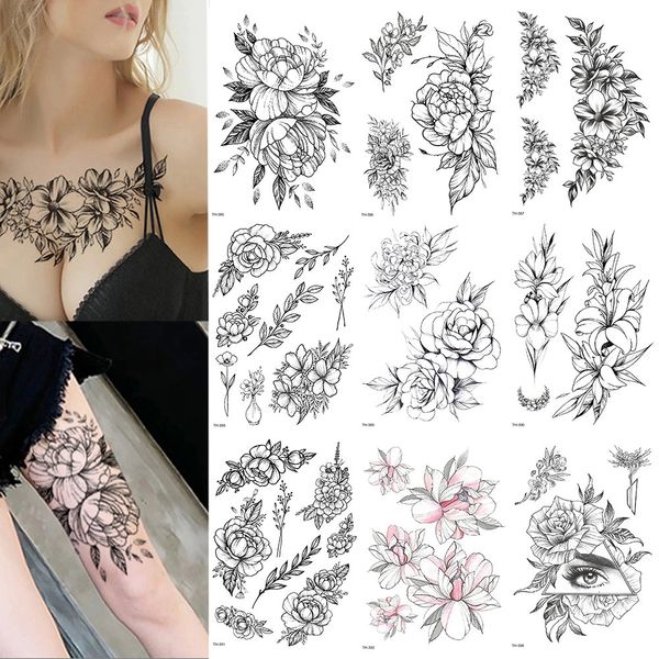 1020 UNIDS Rose Peony Flower Girls Tatuajes Temporales para Mujeres Pegatinas de Tatuaje Negro A Prueba de agua Flor Lady Hombro DIY Tatoos 240311