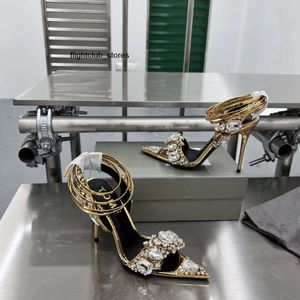 Tomlies fordlies de 105 mm Zapatos perfectos con espejo Sandalias de tacón de cuero Piedras doradas de cristal Sandalias con joyas puntiagudas altas