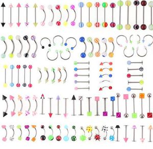 105pcs/set Mix Acryl roestvrij staal wenkbrauw navel ringen buik lip tong ring neus staaf ringen body piercing sieraden c060