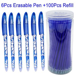 106pcs / set stylo gel effaçable encre bleue 0,5 mm poignée lavable bureau école papeterie bouteille pack effaçable stylo recharge tige 201202