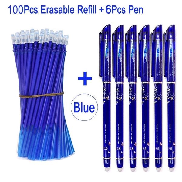 106pcs / set stylo gel effaçable encre bleue 0,5 mm poignée lavable bureau école papeterie bouteille pack effaçable stylo recharge tige 210330