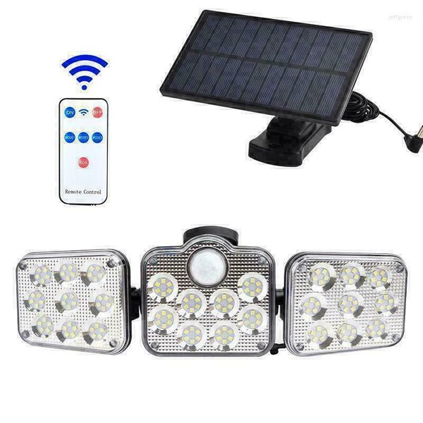 108/122/138/171 LED luces solares al aire libre 3 cabezales Sensor de movimiento gran angular iluminación Super brillante IP65 Control remoto lámpara de pared