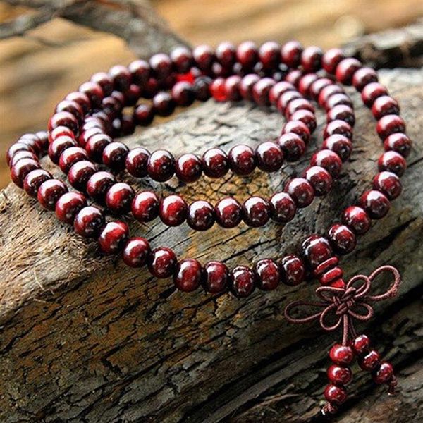 108 6mm Véritable Perles De Bois De Santal Rouge Bouddha Malas Bracelet Bijoux Sains Homme Poignet Mala Bracelets Long Bracelet Religion Cadeau 324r