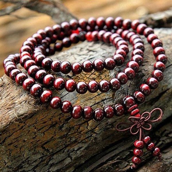 108 6mm Véritable Perles De Bois De Santal Rouge Bouddha Malas Bracelet Bijoux Sains Homme Poignet Mala Bracelets Long Bracelet Religion Cadeau 224m