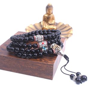 108 Black Onyx Mala Tibetan Boeddhism Metalen Kralen Lange Ketting Dames Yoga Meditatie Rozenkrans Sieraden