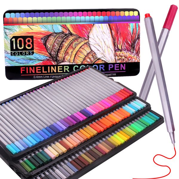 108 couleurs stylos de couleur à pointe fine Set 0,4 mm stylos de couleur à pointe fine stylo de dessin pour écrire des notes, des bandes dessinées, un livre de coloriage 201202