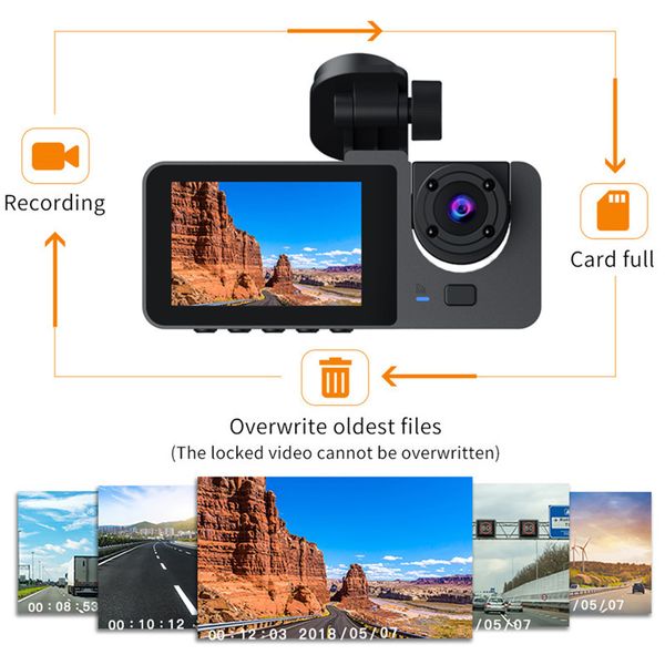 1080p à 3 canaux Cam de tableau de bord Full HD Recordance vidéo TROIS CAMÉRIE DE CAR TROIS LES AVEC AVEC VUE DVR DVR Moniteur noir