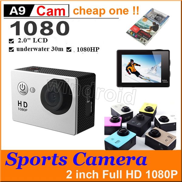 Caméra de sport étanche 1080P A9, une caméra d'action HD bon marché pour la plongée 30M 2 LCD vue 140 ° Mini DV DVR caméscopes numériques