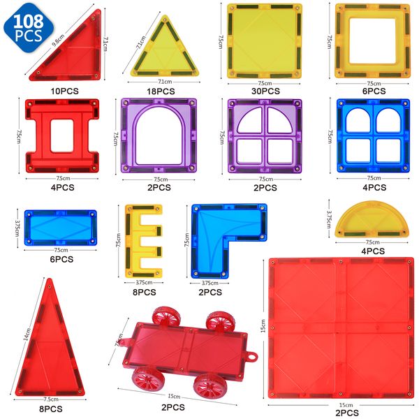 108pcs Big Size Tiles magnétiques 3D Blocs de construction Constructeurs Set Magnetic Educational Game Toys for Children Cadeaux