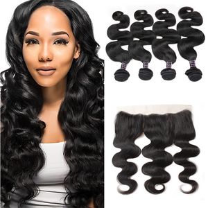 Ishow 10A Productos de cabello humano virgen brasileño Onda corporal 4 paquetes con frontal de encaje 13 * 4 para mujeres Gilrs Todas las edades Peruano Natural Negro 8-28 pulgadas