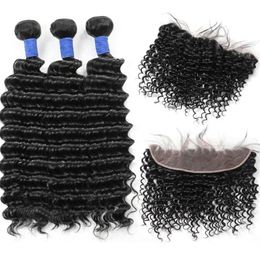 10A Brasileño Onda Profunda 3 Paquetes con 13 * 4 Paquetes de cabello humano peruano malayo frontal de encaje con cierre al por mayor para mujeres de todas las edades Jet Black7637773