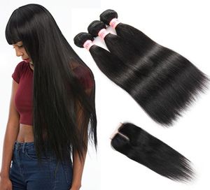 10A cheveux brésiliens 4 paquets avec fermeture brésilienne vierge Extensions de cheveux raides paquet de cheveux humains avec fermeture à lacets 3391906