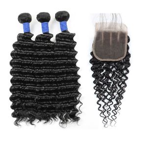 10A cheveux brésiliens vague profonde paquets humains avec fermeture en gros péruvien cheveux humains tisse 3 paquets avec fermeture extensions de cheveux