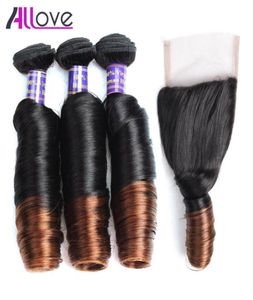 10A Braziliaanse Lente Krul Ombre T1B4 3 Bundels Met Sluiting Peruaans Maagdelijk Haar Maleisische Lente Krul Indian Human Hair Bundels W95225103