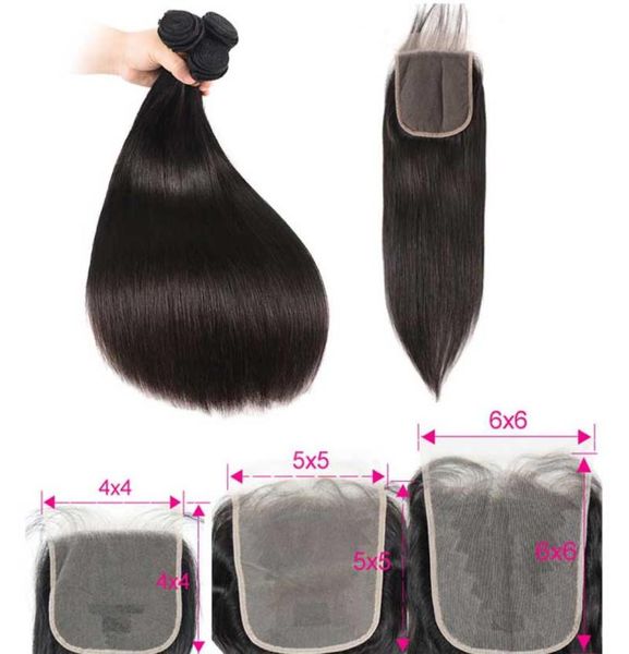 Paquetes de cabello humano recto brasileño 10A con cierre de encaje HD Extensiones de cabello negro natural sin procesar tejido con cierres superiores S4960909