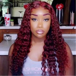 10A Bordeaux 99J Deep Wave 13x4 Lace Front Perruque de Cheveux Humains pour Femme, 100% Brésilien Cheveux Vierges Lace Frontal Perruque Pré Pincée avec Bébé Cheveux Rouge Vin Couleur 150% Densité