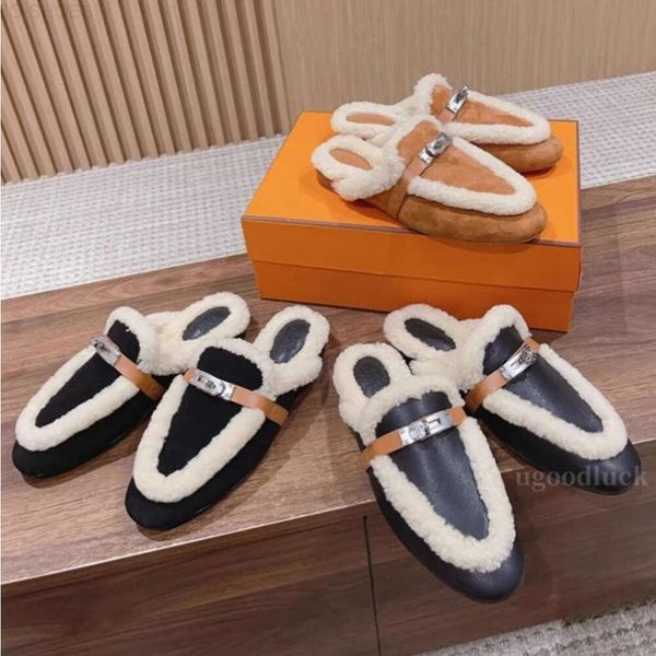 Slipper de diseñador de 10a Invierno Fuera plana de piel plana Mulas de tobogán para mujeres Sandalias esponjosas de cuero redondeo de cuero nubuck