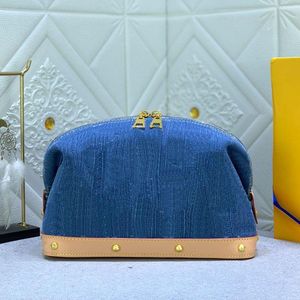 10A Fashion Blue Denim Makeup Fashion Femme Sac à main Canvas Clutch Sac Open Pocket Imprimerie interne INTERT