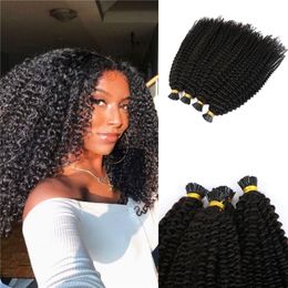 10a Grade Afro Kinky Curly I Tip Hair Hair Ind Indien Human Hair Pré-lié Extensions Natural Black I-Tip 100g 1G / Strand