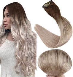 10A Grade Balayage Clip in Hair Extensions Dark Borwn Fading to Ash Blonde Ombre Clip in Human Hair Extension 120G8PCS9456408